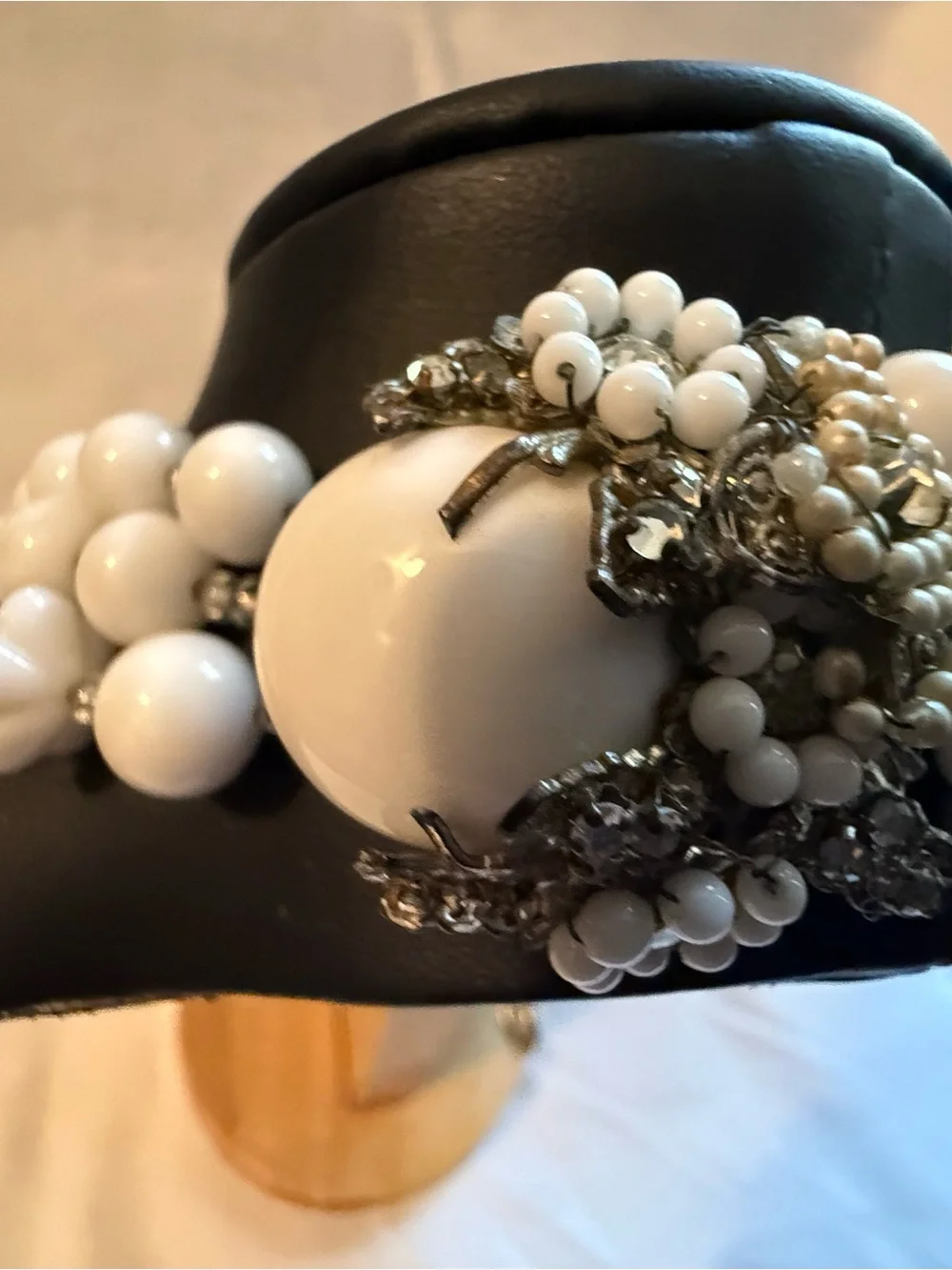 Miriam Haskell White Beaded Multi-Strand Necklace with Rhinestone Spacers